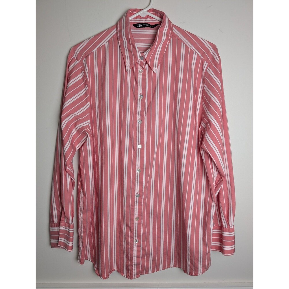 Zara Oversized Striped Button Down Shirt Size Medium Women’s Pink White Top